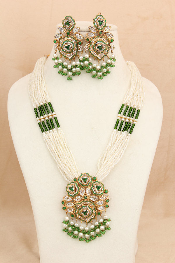 Fashionable Long Pakistani Necklace With Large Center Pendant With Green Colour Stones (PKLN001-G)