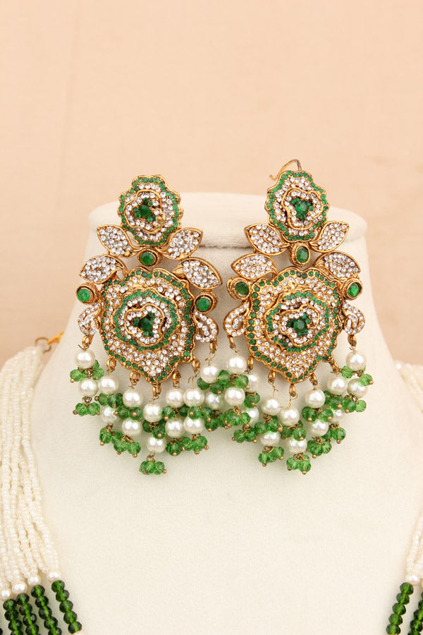 Fashionable Long Pakistani Necklace With Large Center Pendant With Green Colour Stones (PKLN001-G)