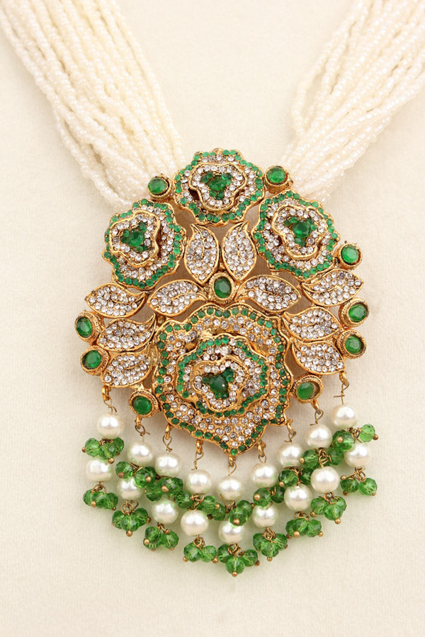 Fashionable Long Pakistani Necklace With Large Center Pendant With Green Colour Stones (PKLN001-G)