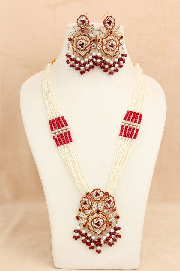 Fashionable Long Pakistani Necklace With Large Center Pendant With Red Colour Stones (PKLN001-R)