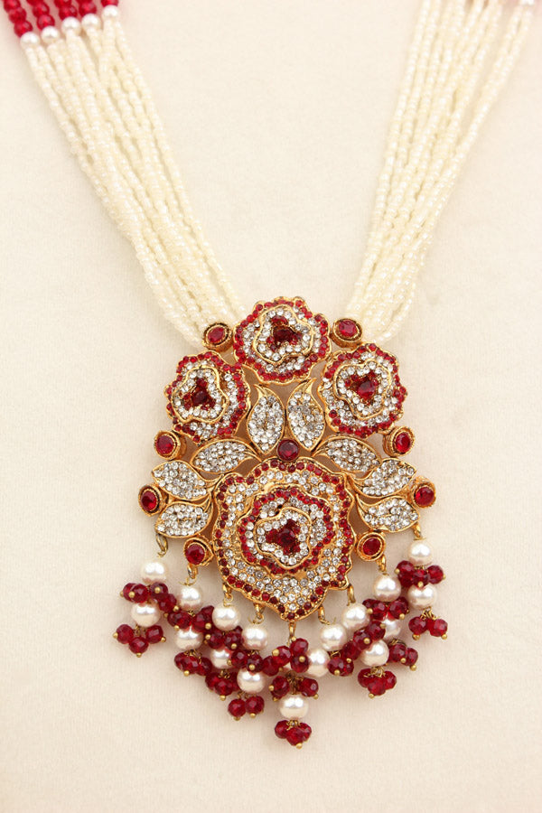 Fashionable Long Pakistani Necklace With Large Center Pendant With Red Colour Stones (PKLN001-R)