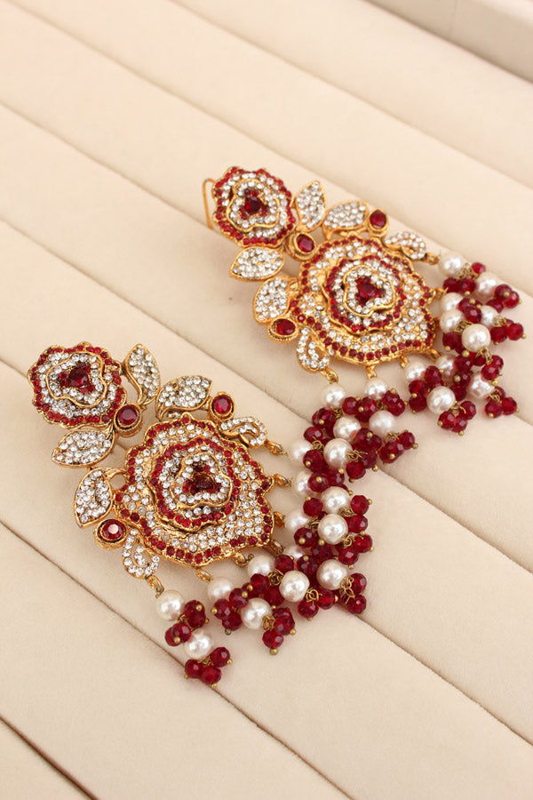 Fashionable Long Pakistani Necklace With Large Center Pendant With Red Colour Stones (PKLN001-R)