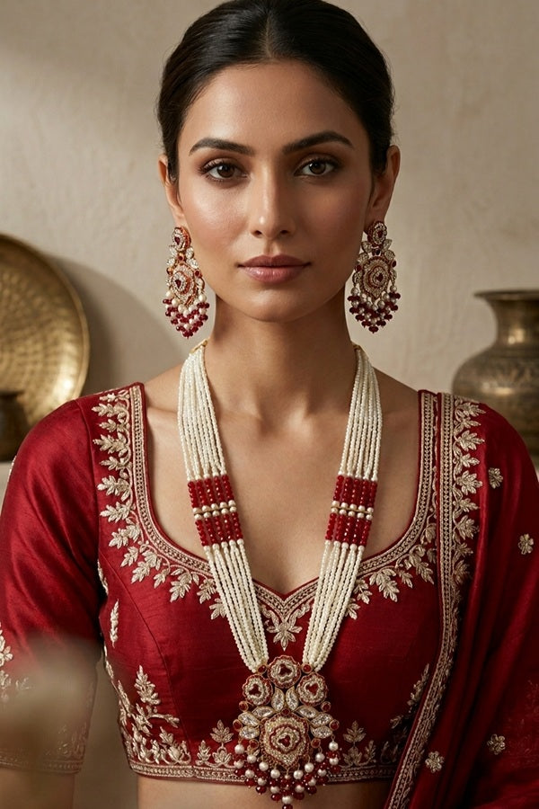 Fashionable Long Pakistani Necklace With Large Center Pendant With Red Colour Stones (PKLN001-R)