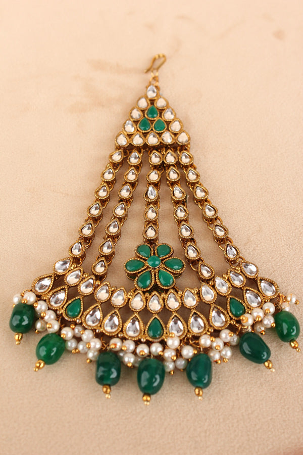 Fashionable Passa With Green Stones And Golden Pearls Attached (PAS014-G)