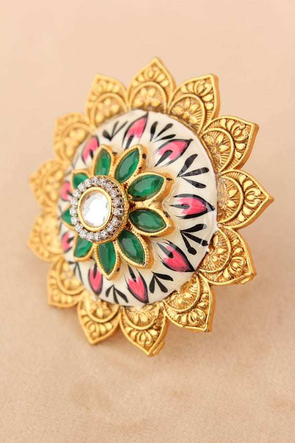 Floral Meenakari Adjustable Ring With Center Stone (RF004)