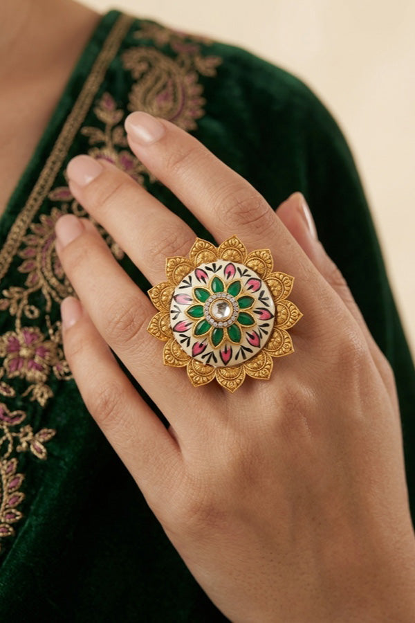 Floral Meenakari Adjustable Ring With Center Stone (RF004)