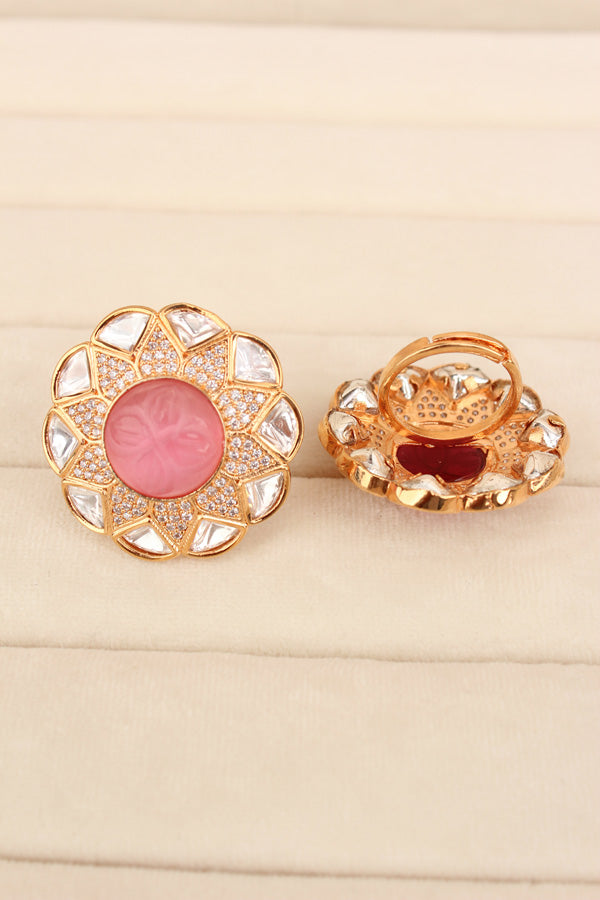 Flower Design Kundan Ring With Pink Center Stone And Adjustable Ring (KR005-P)
