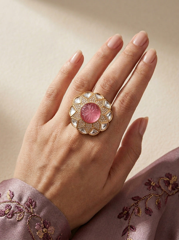 Flower Design Kundan Ring With Pink Center Stone And Adjustable Ring (KR005-P)