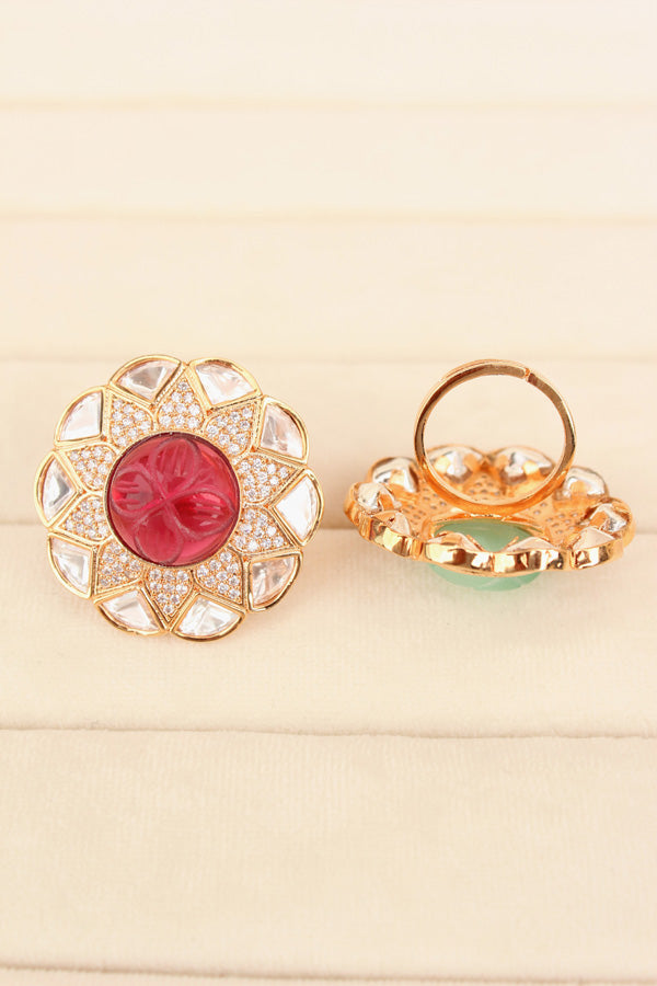 Flower Design Kundan Ring With Red Center Stone And Adjustable Ring (KR005-R)
