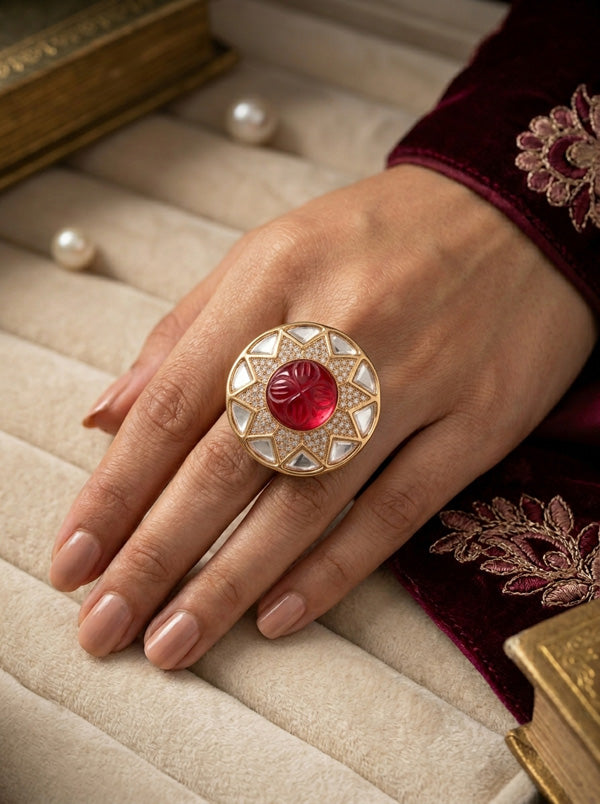 Flower Design Kundan Ring With Red Center Stone And Adjustable Ring (KR005-R)