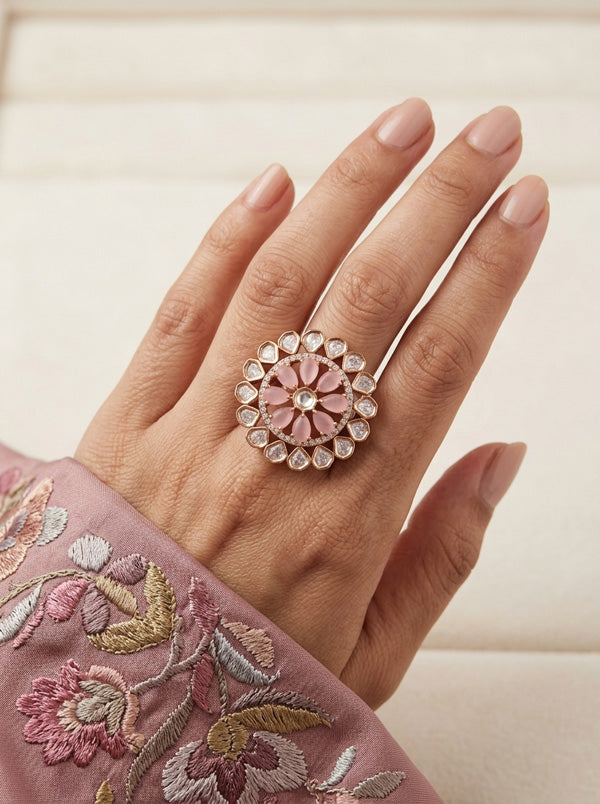 Flower Kundan Adjustable Ring With American Diamonds And Pink Stones (KR008-P)