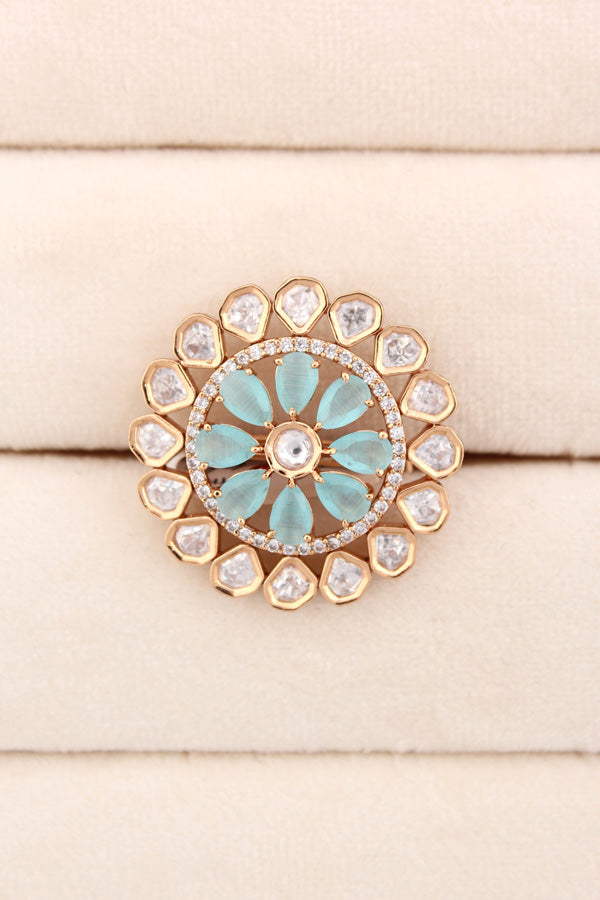Flower Kundan Adjustable Ring With American Diamonds And Sky Blue Stones (KR008-SB)