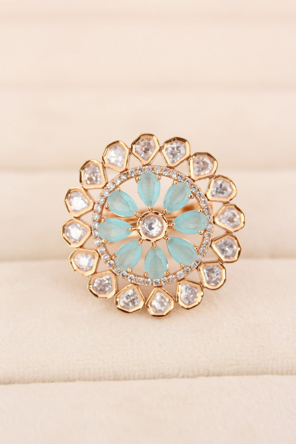 Flower Kundan Adjustable Ring With American Diamonds And Sky Blue Stones (KR008-SB)