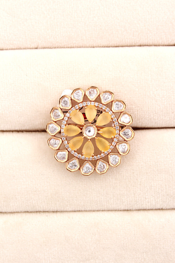 Flower Kundan Adjustable Ring With American Diamonds And Yellow Stones (KR008-Y)