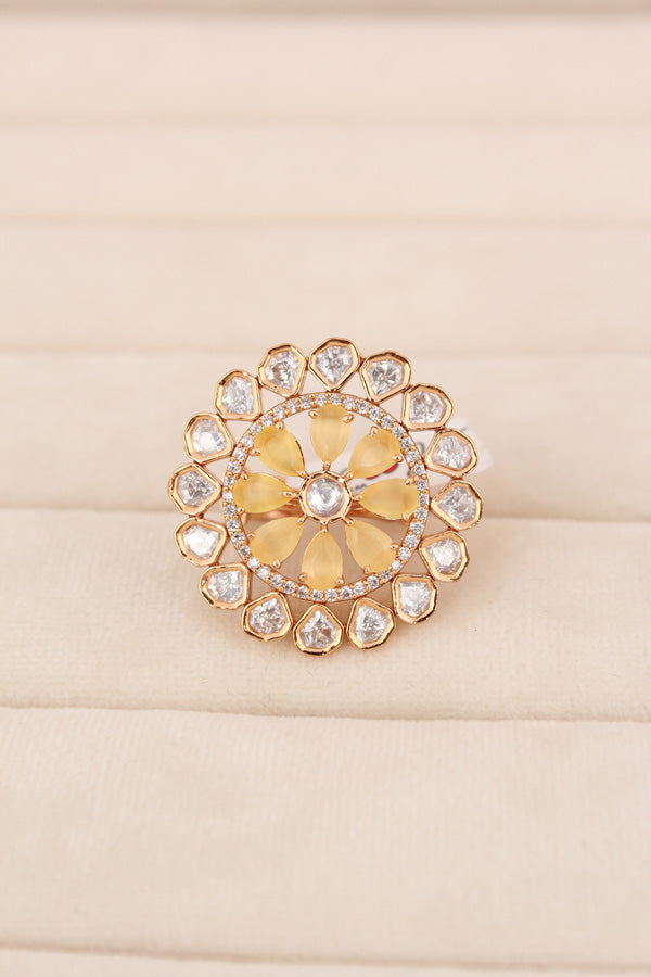 Flower Kundan Adjustable Ring With American Diamonds And Yellow Stones (KR008-Y)