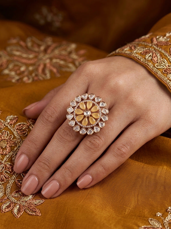 Flower Kundan Adjustable Ring With American Diamonds And Yellow Stones (KR008-Y)