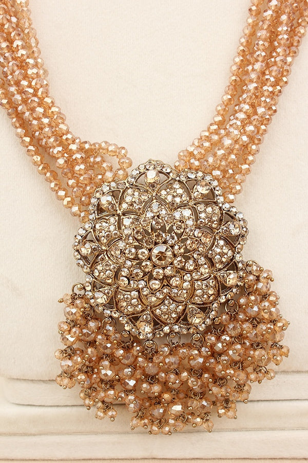 Full Bridal Necklace Set In Gold Polish And Small Details Attached With Crystal Beads (BS007-Golden)