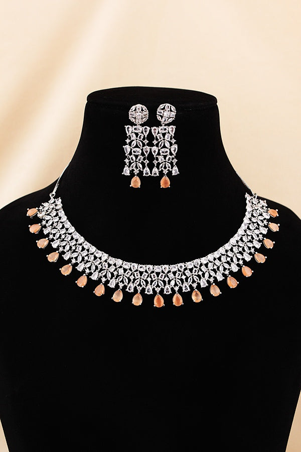 Necklace Set in American Diamonds With Center Pendant And Mint Green Colour Stones (NS002-AD-MG)