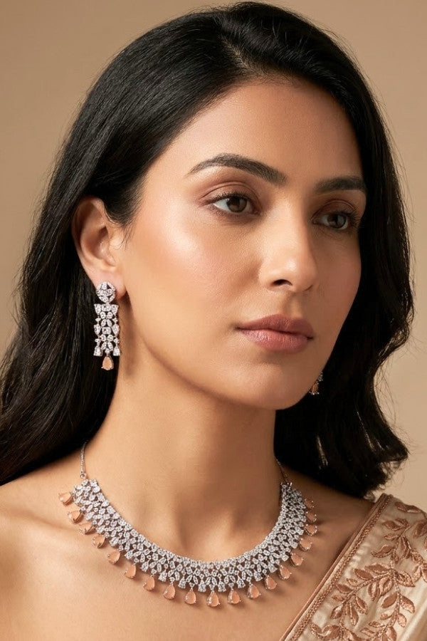 Necklace Set in American Diamonds With Center Pendant And Mint Green Colour Stones (NS002-AD-MG)
