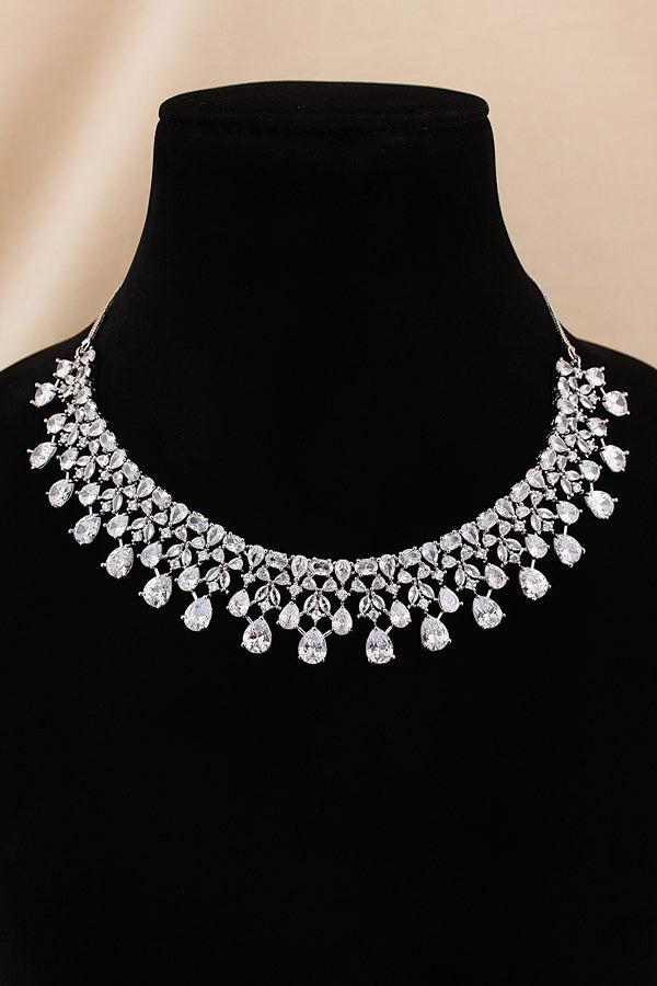 Necklace Set in American Diamonds With Center Pendant And Silver Colour Stones (NS002-AD-S)