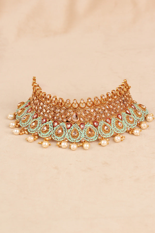 Golden and Mint Green Gold Polish Polki Choker With Large Earrings And Tikka (CS003-Polki-B2)