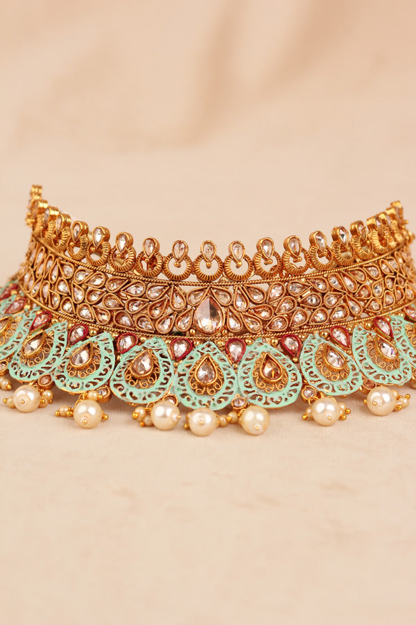 Golden and Mint Green Gold Polish Polki Choker With Large Earrings And Tikka (CS003-Polki-B2)
