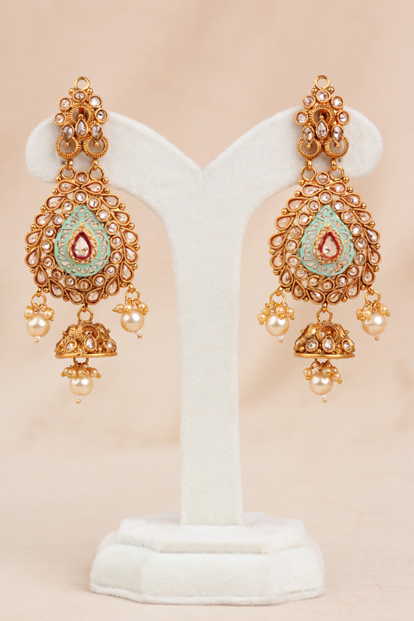 Golden and Mint Green Gold Polish Polki Choker With Large Earrings And Tikka (CS003-Polki-B2)