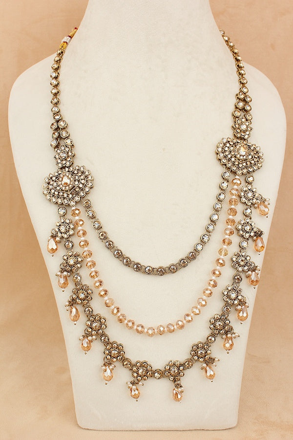Gold Colour Bridal Necklace Set With Champagne Gold Colour Crystal Beads (BS005-Golden)