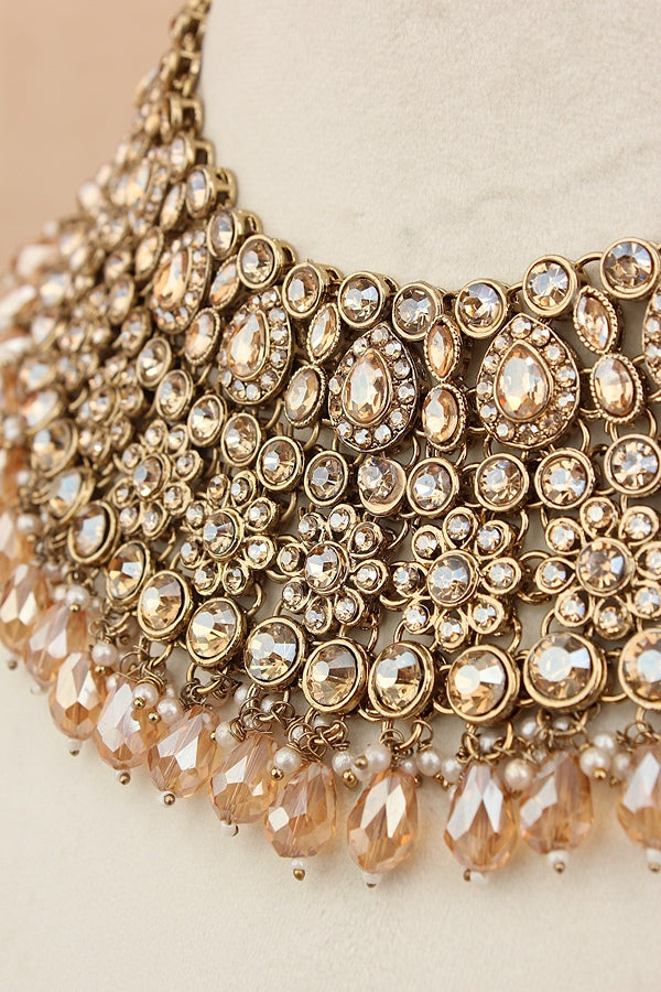 Gold Colour Bridal Necklace Set With Champagne Gold Colour Crystal Beads (BS005-Golden)