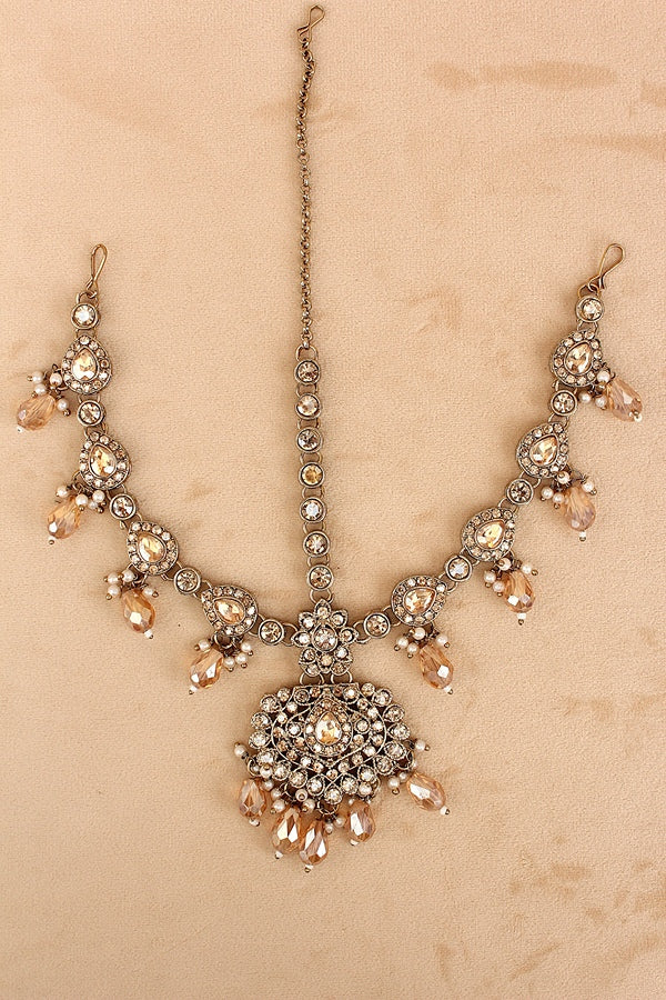 Gold Colour Bridal Necklace Set With Champagne Gold Colour Crystal Beads (BS005-Golden)