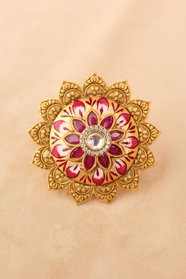 Gold Fashionable Adjustable Meenakari Ring With Sunflower Design (RF006-GO)