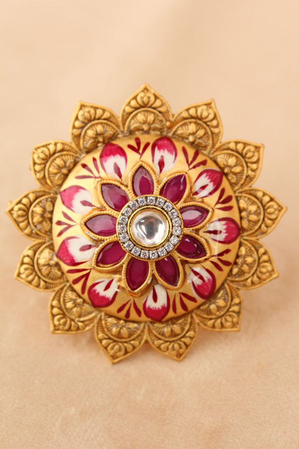 Gold Fashionable Adjustable Meenakari Ring With Sunflower Design (RF006-GO)