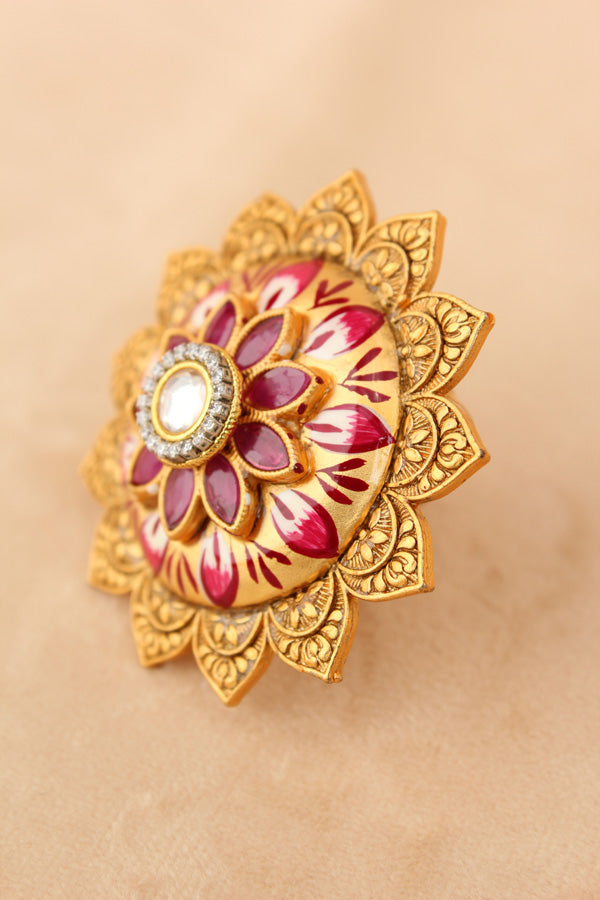 Gold Fashionable Adjustable Meenakari Ring With Sunflower Design (RF006-GO)