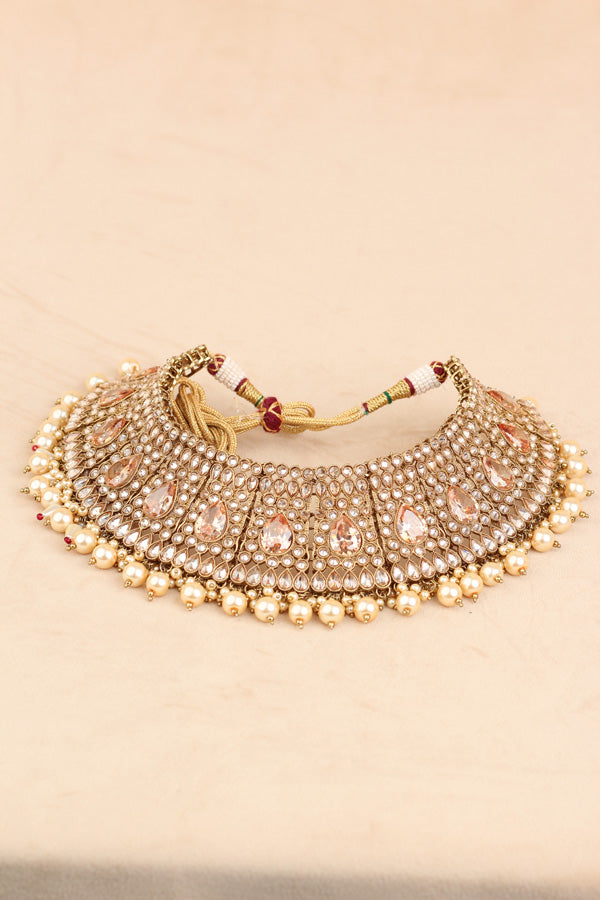 Gold Heavy Look Polki Choker With Large Earrings And Tikka (CS007-Polki-B2)