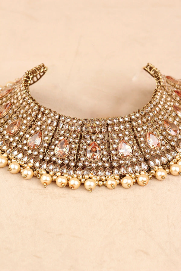 Gold Heavy Look Polki Choker With Large Earrings And Tikka (CS007-Polki-B2)