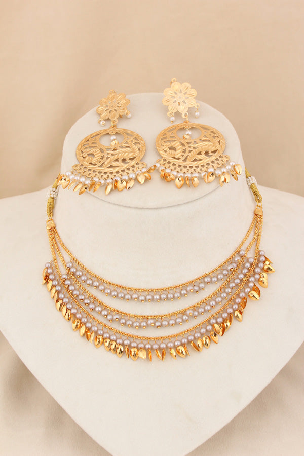 Gold Plated Jadau Necklace Set In Triple Layers With Large Earrings And Tikka (PJNS002)
