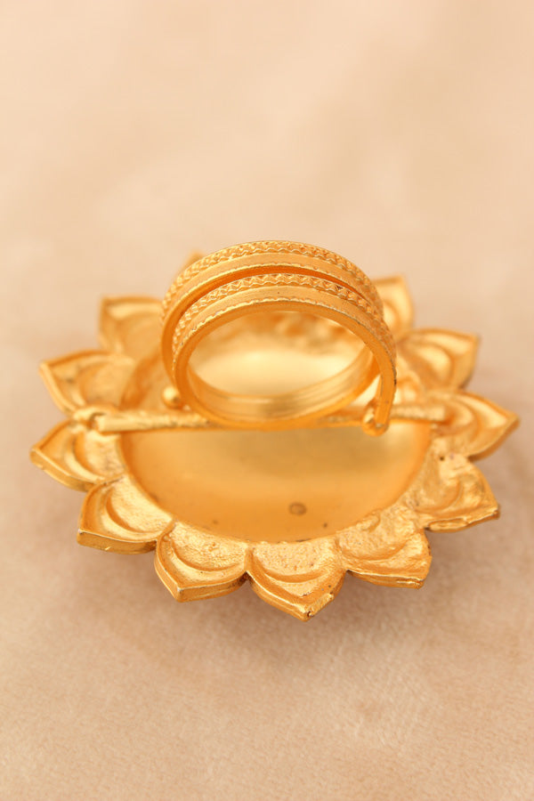 Gold plated Meenakari Fashionable Sunflower Ring With Center Stone in Green (RF008-G)