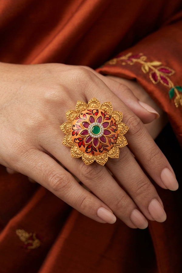 Gold plated Meenakari Fashionable Sunflower Ring With Center Stone in Green (RF008-G)