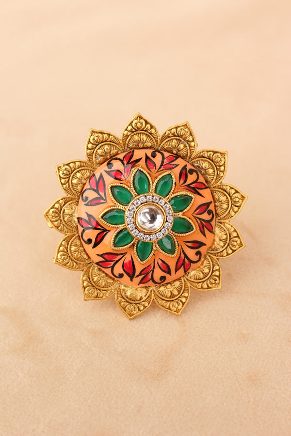Gold plated Meenakari Fashionable Sunflower Ring With Center Stone in Peach (RF008-PE)