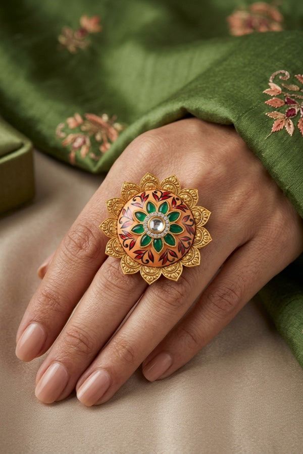 Gold plated Meenakari Fashionable Sunflower Ring With Center Stone in Peach (RF008-PE)
