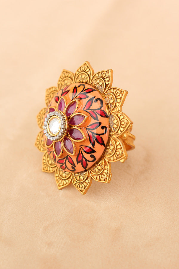 Gold plated Meenakari Fashionable Sunflower Ring With Center Stone in White (RF008-W)
