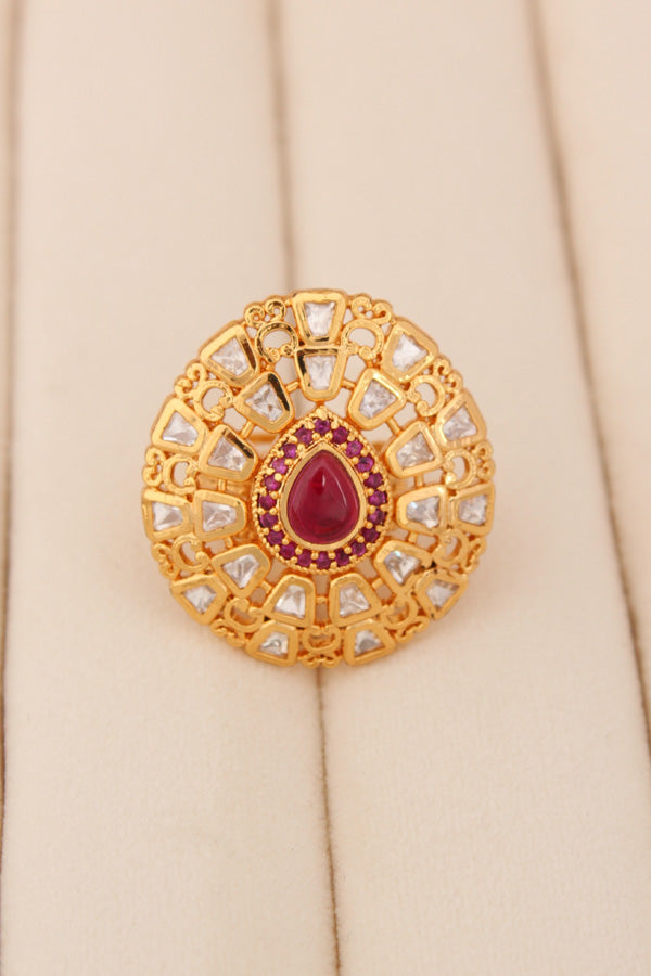 Gold plated Premium Quality Kundan Ring With Small Ruby Colour Stones And A Large Center Stone (KR012)