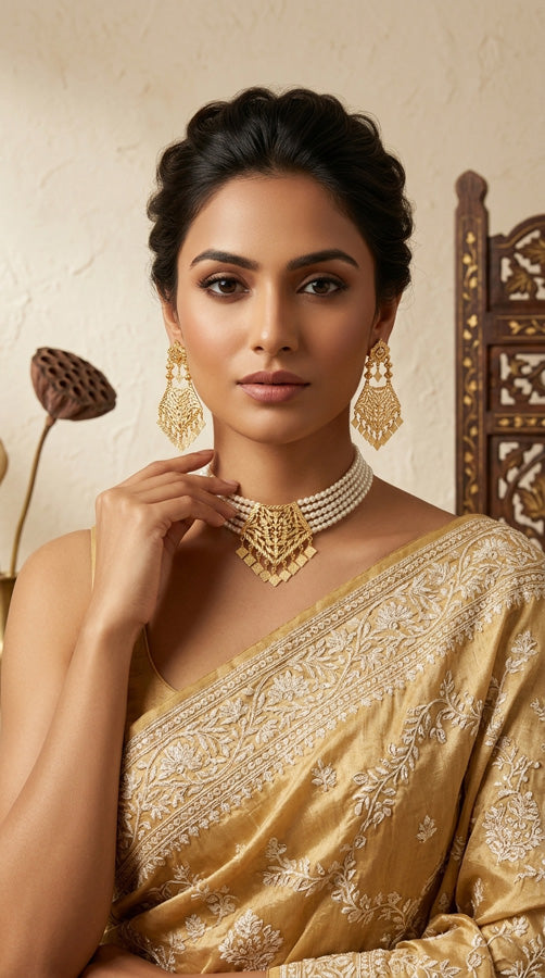 Gold Plated Punjabi Jadau Choker Necklace With White Pearls With Earrings And Tikka (IGPJCS001)
