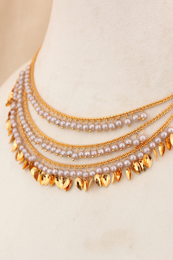 Gold Plated Triple Layer Punjabi Jadau With Grey Colour Pearls With Earrings And Tikka (PJNS009)