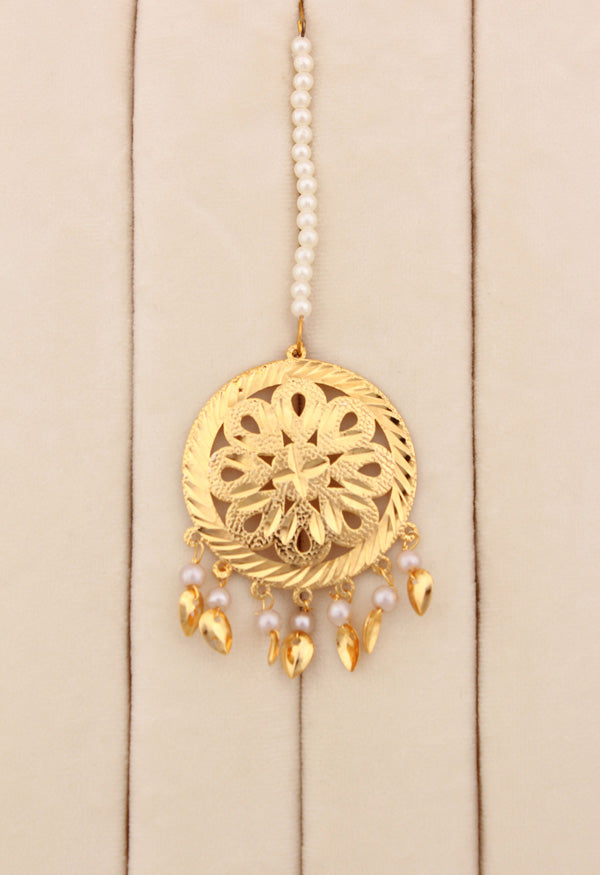 Gold Plated Triple Layer Punjabi Jadau With Grey Colour Pearls With Earrings And Tikka (PJNS009)