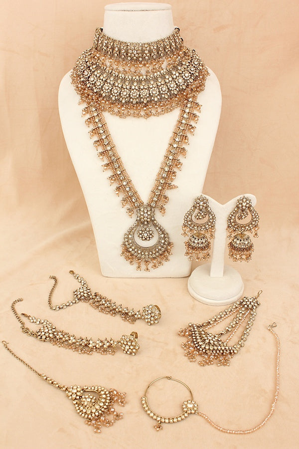 Gold Polish Bridal Necklace Set With Tiny Crystal Beads (BS006-Golden)