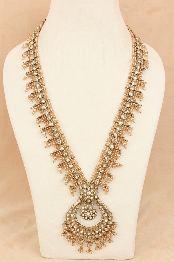 Gold Polish Bridal Necklace Set With Tiny Crystal Beads (BS006-Golden)
