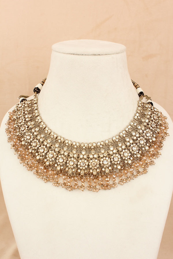 Gold Polish Bridal Necklace Set With Tiny Crystal Beads (BS006-Golden)