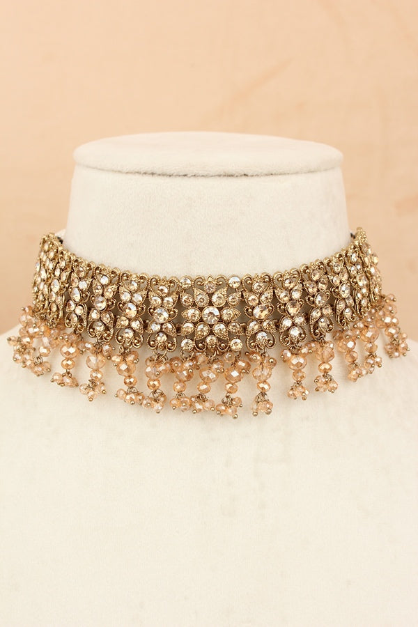 Gold Polish Bridal Necklace Set With Tiny Crystal Beads (BS006-Golden)