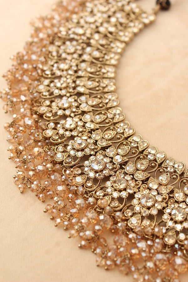 Gold Polish Bridal Necklace Set With Tiny Crystal Beads (BS006-Golden)
